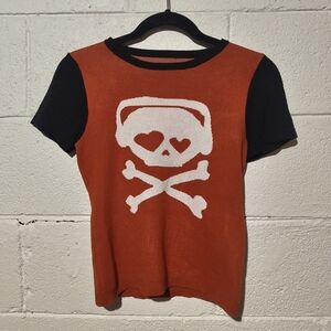 Black, White And Orange Skull And Crossbones Goth Knit Short Sleeve Top